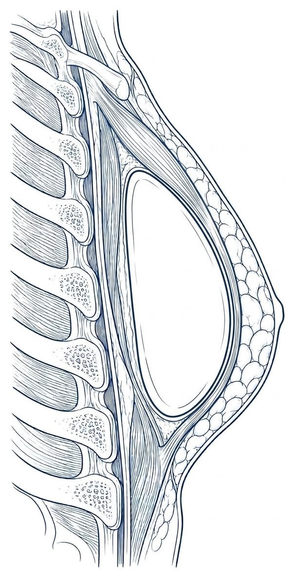 Side view of the chest: the implant behind the pectoral muscle, which covers it in front all the way down.