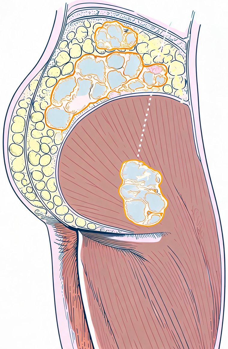 Side view of the buttock: grey clumps of material in the fat and one inside the muscle, outlined in gold.
