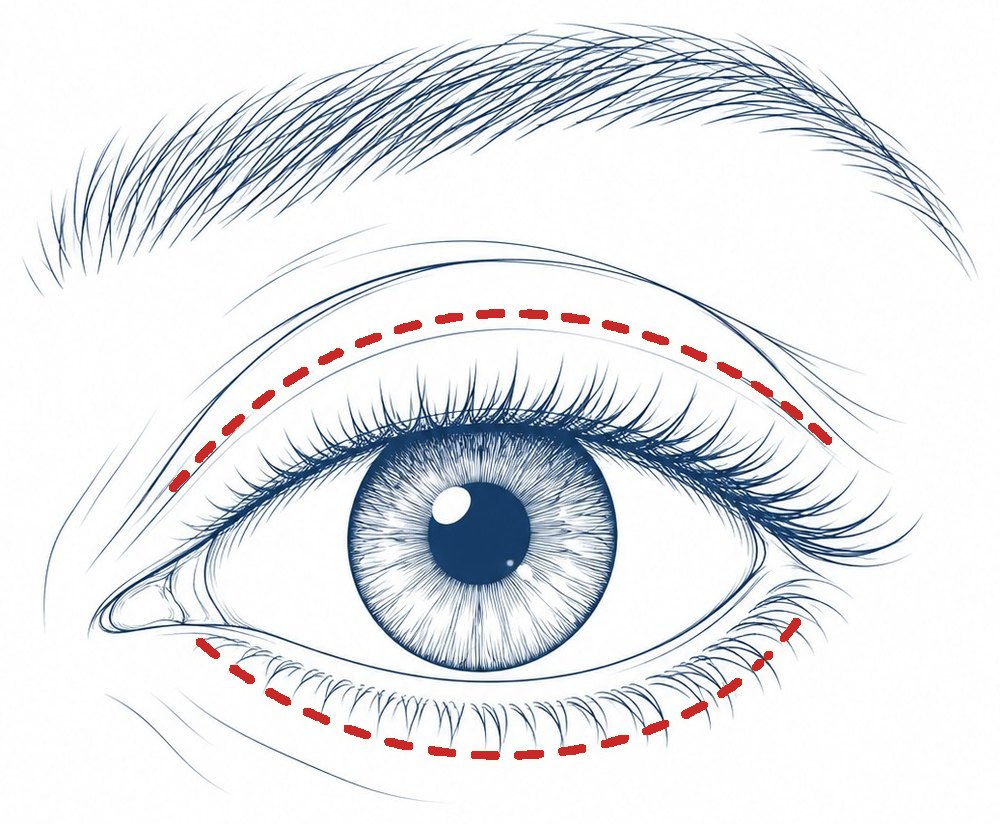 Drawing of an eye with two dotted red lines: one in the crease of the upper eyelid and one just below the lower lashes.