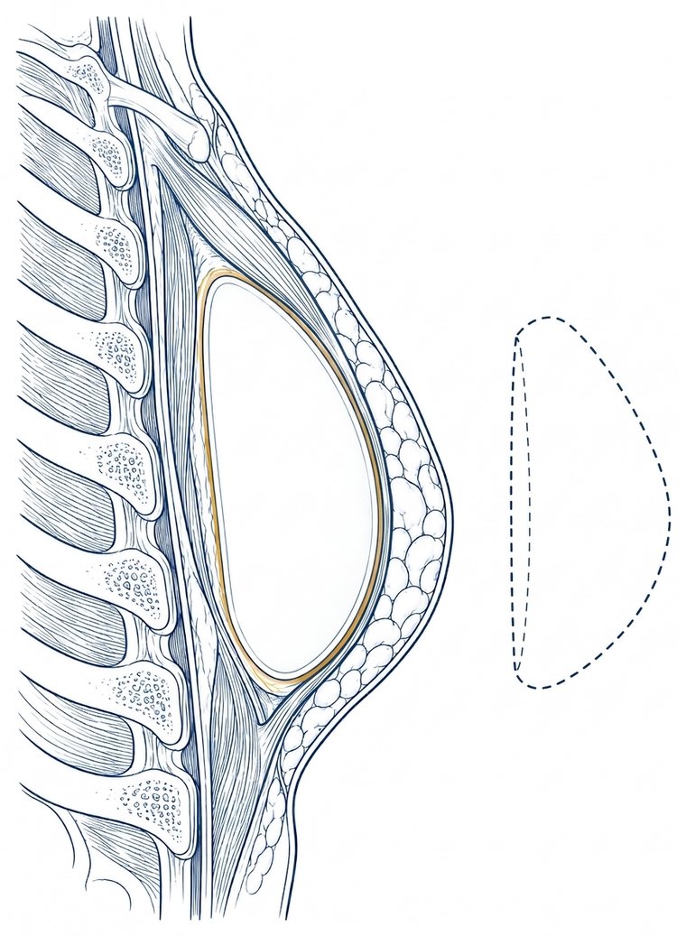 Side view of the chest: an implant surrounded by a gold line, behind the pectoral muscle; on the right, a new implant drawn with a dashed line.