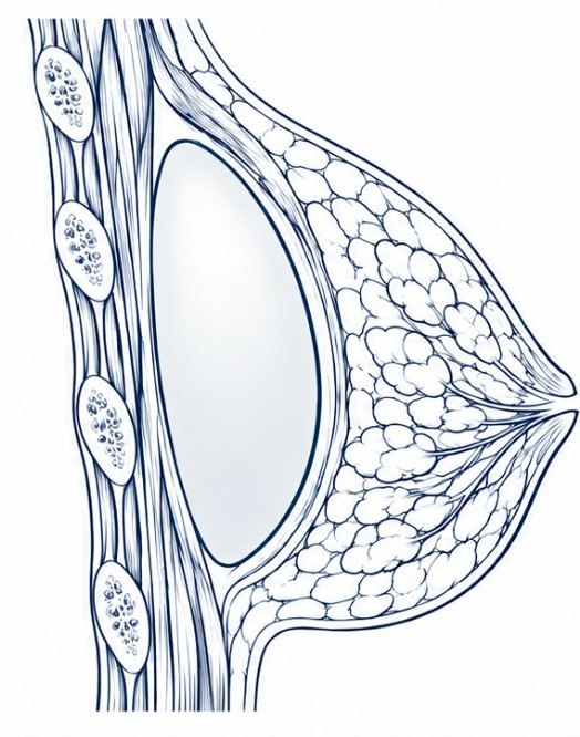 Side view of a breast with an implant behind the gland.