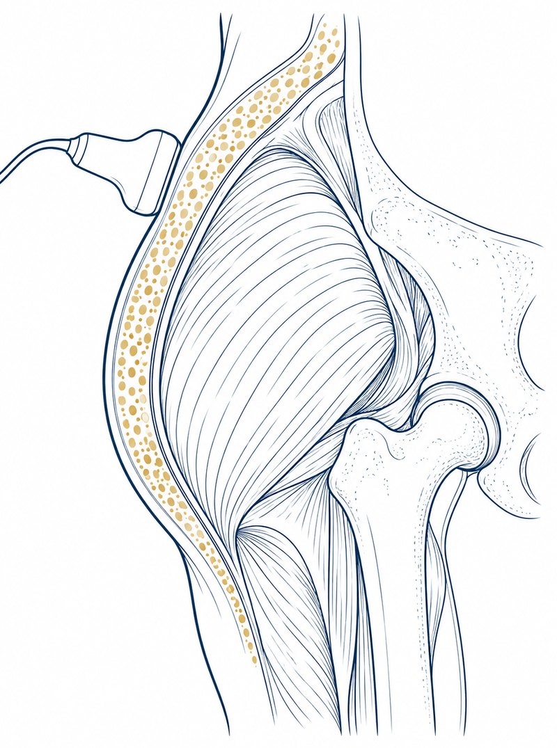 Side view of the hip: the gluteal muscle and, above it, a gold layer of fat; at the top, an ultrasound probe.