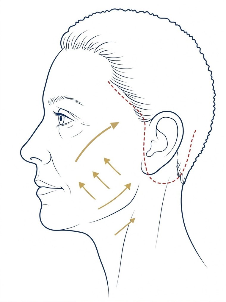 Face in profile with a dashed red line running down from the temple, around the ear in front and behind, and into the scalp; gold arrows rising from the cheek, the jawline and the neck.