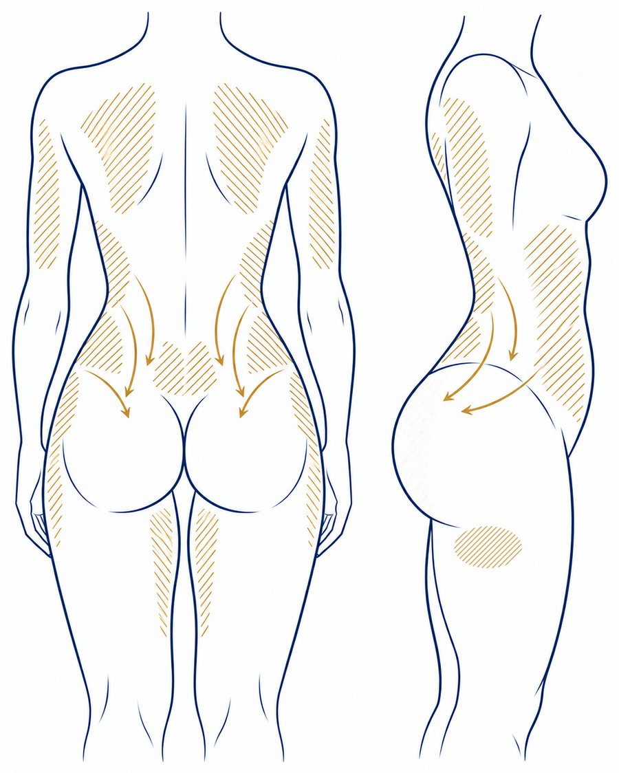 Body from behind and in profile with gold hatched areas on the back, waist, hips, thighs and arms, and arrows toward the buttocks.