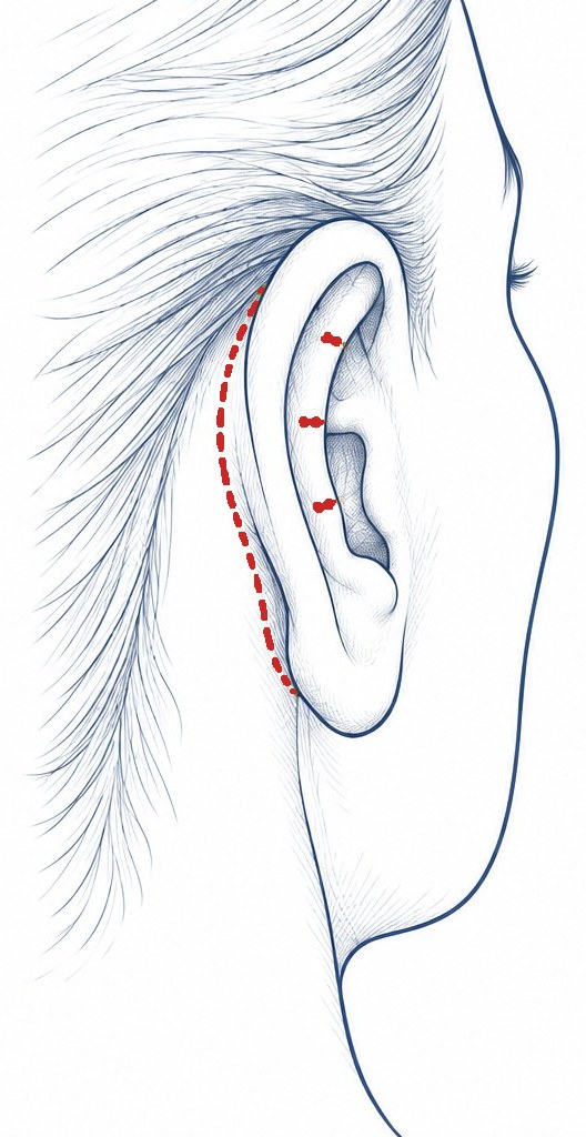 Ear seen from the side with a dotted red line in the crease behind the ear.